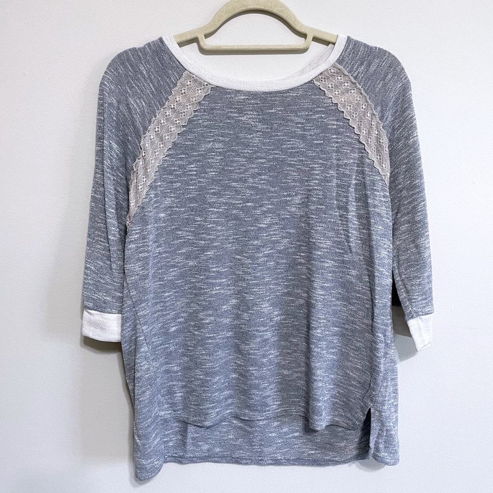 Gray Blue Raglan Top in Soft Stretchy and Breathable Jersey Knit with Lace Trim